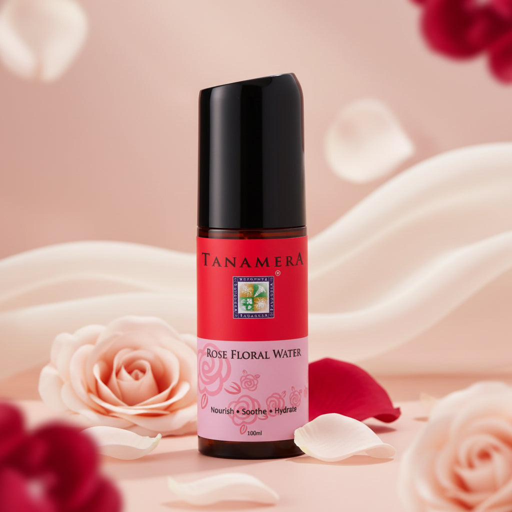 Tanamera Rose Floral Water in a 500ml amber glass bottle with a black cap, featuring a red and pink label.