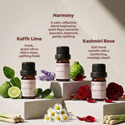 Tanamera essential oil bottles with Kaffir Lime and Kashmiri Rose on a neutral background