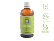 Tanamera Smooth Tummy Oil bottle with label and icons on a white background