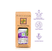 Tanamera Lavender Aromatherapy essential oil bottle with its kraft paper packaging box, displayed on a white background with product benefits and features listed on the right.