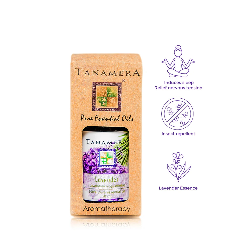Tanamera Lavender Aromatherapy essential oil bottle with its kraft paper packaging box, displayed on a white background with product benefits and features listed on the right.