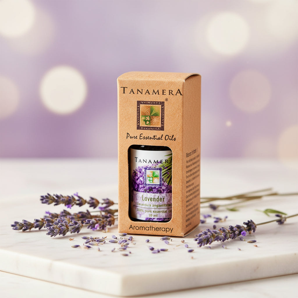 Packaging of Tanamera Essential Oil with lavender imagery, indicating the product is Lavender essential oil, used for aromatherapy.