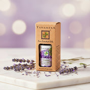 Packaging of Tanamera Essential Oil with lavender imagery, indicating the product is Lavender essential oil, used for aromatherapy.