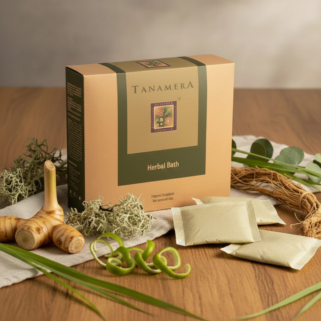 Tanamera Herbal Bath box displayed on a wooden surface with sachets, loose herbal powder, ginger root, and green herbs arranged around it.